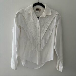 Vintage Western Button Up Shirt in White with Lace, Fringe, and Pearl Buttons